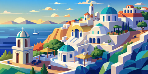 Wall Mural - beautiful santorini greece panoramic background, travel holliday summer wallpaper, 3d render, 3d illustration