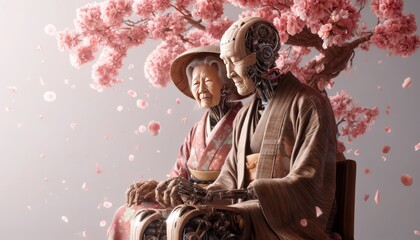 Wall Mural - A detailed, close-up image of an elderly robot couple sitting under a cherry blossom tree in full bloom, with petals gently falling around them.