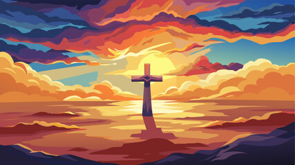 blurry abstract background Painting in watercolor depicting a conceptual cross or other religious symbol over a sky at sunset with clouds as God. illustration.