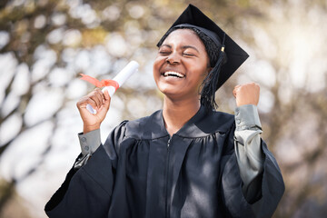 Woman, student and graduation or diploma with eyes closed, university goals and education success or achievement. Certificate, happy and college or future hope with award, outside and academic degree