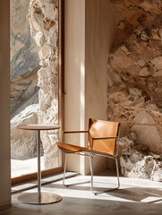 A leather chair sits in front of a white table. The chair is positioned in front of a window, which lets in natural light. Minimalistic design interior layout. 