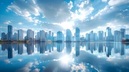 Poster - Stunning Waterfront Cityscape with Tall Skyscrapers Reflecting in the Calm Water