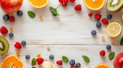 Wall Mural - White wooden table with cut fruits and berries, a free copy space for text
