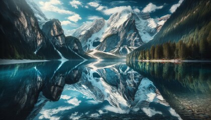 Wall Mural - A close-up shot focusing on the reflection of snowy mountains in the lake's calm waters.