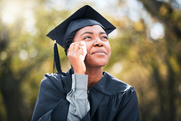 Outdoor, black woman and crying on graduation day, scholarship and university with achievement. African person, student and girl with robe, emotional or reaction for education goals, tears or success