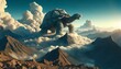 © FantasyLand86 - The giant turtle creature standing atop a mountain peak, overlooking a vast, cloud-filled valley below.