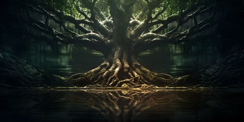 Wall Mural - Guardian of the Enchanted Forest A Mythical Spirit Tree with Strong Roots and Magical Energy. Concept Enchanted Forest, Spirit Tree, Mythical Guardian, Strong Roots, Magical Energy