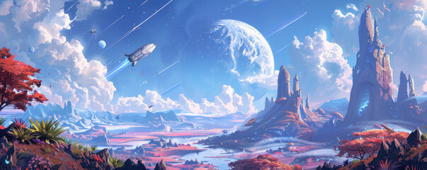 Wall Mural - a spaceship landing on an alien planet, surrounded by strange plants and creatures.