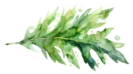 Sticker - Bright Green Watercolor Dandelion Leaf with Jagged Edges on White Background