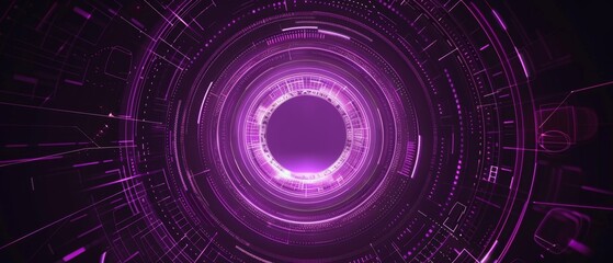 Wall Mural - Tech HUD circle design, layered neon purple rings with intricate digital patterns, creating a visually striking and modern look on a minimalist dark background