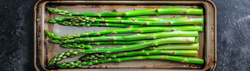 Wall Mural - A bunch of fresh green asparagus on a metal tray