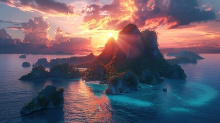 Wall Mural - A beautiful island with a sunset in the background