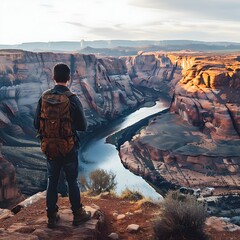 Poster - Hiker Overlooking Breathtaking Canyon Landscape with Winding River Below  Adventure and Concept