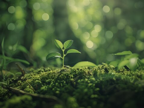 Medium shot of A single young plant sprouting from mossy soil, symbolizing new life and growth in the environment. ,a softly blurred background of natural greenery.