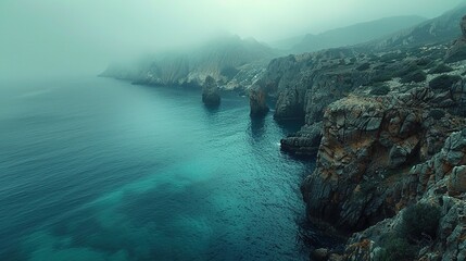 Wall Mural - A beautiful ocean view with a foggy sky