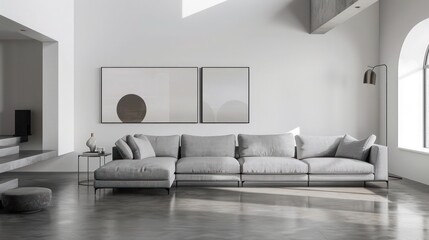 minimalist living space with polished concrete floors, a gray sectional sofa, and monochrome art pieces creating a modern yet inviting atmosphere