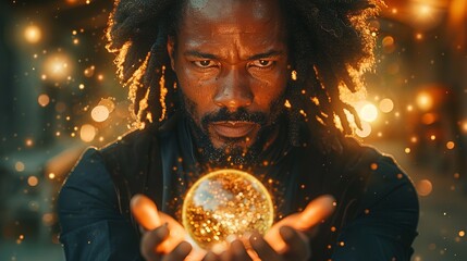 A man with dreadlocks holds a glowing orb in his hands, his eyes fixed on the orb. The background is blurred and filled with lights