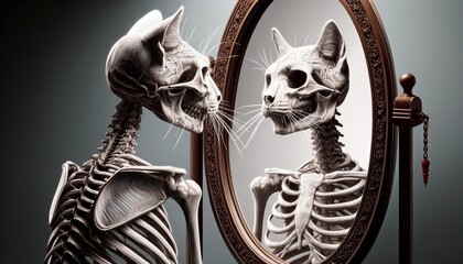 Wall Mural - A highly detailed, close-up image of a skeletal cat looking into a mirror, with its skeletal structure fully visible and its reflection.