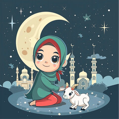 Wall Mural - Girl holding a goat for sacrifice. Celebrating Eid al Adha with moon, stars and mosque as background