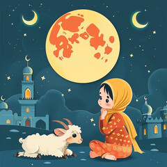 Wall Mural - Girl holding a goat for sacrifice. Celebrating Eid al Adha with moon, stars and mosque as background