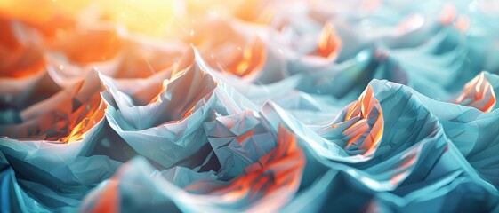 Abstract close-up of colorful sculptural formations resembling mountain peaks with vibrant blue and orange hues illuminated by soft light.