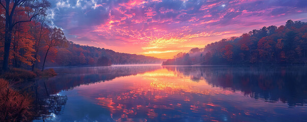 A colorful sunrise over a calm lake, painting the sky with hues of pink, orange, and gold, and casting a warm glow on the surrounding landscape.