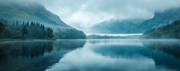 Wall Mural - Alpine lake at dawn, misty atmosphere, mirrored surface, tranquil beauty, scenic landscape.