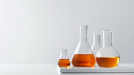 Wall Mural - laboratory glassware with orange liquid. four laboratory flasks filled with orange liquid, set again