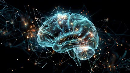 Wall Mural - A brain is shown in a blue and red color scheme. The brain is surrounded by a network of lines and dots, giving the impression of a complex and intricate structure