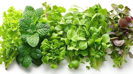 Wall Mural - Photo of Microgreens - Various species position center isolate on white background, clear focus, soft lighting