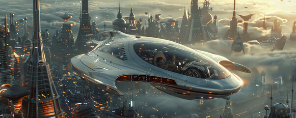 Wall Mural - A futuristic flying car hovering above a bustling city, its passengers enjoying the aerial view.