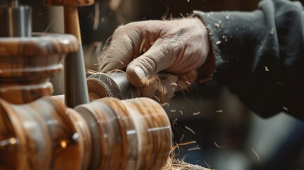 Close-up of a craftsman's hands working on a wooden lathe, shaping wood with precision and skill. Detailed woodworking process in progress.