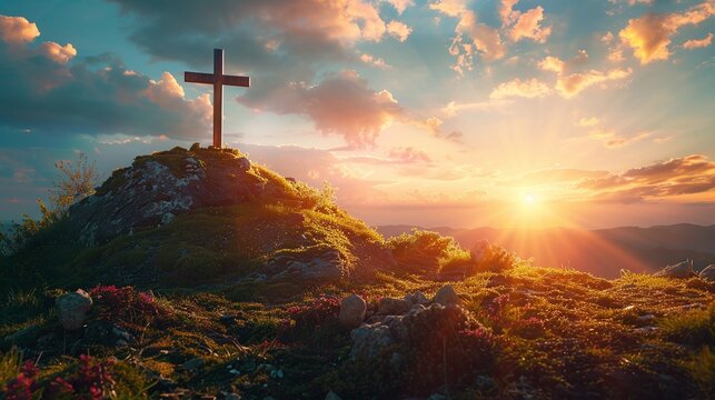 religious christian cross crucifixion on top of mountain at sunset with sun rays. Generative AI illustration