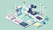 © K-MookPan - Isometric illustration of a laboratory with microscopes, beakers, test tubes, and other equipment.
