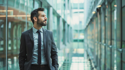 Confident businessman in modern office building. Portrait of a confident young businessman standing in the hallway of a modern corporate office building, looking away with a thoughtful expression.