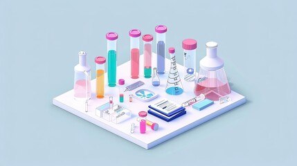 Wall Mural - Isometric illustration of laboratory equipment, including test tubes, beakers, and flasks, on a white surface.