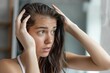 © StockUp - A young woman with a concerned expression holds her hair while looking off to the side, indicating worry or stress