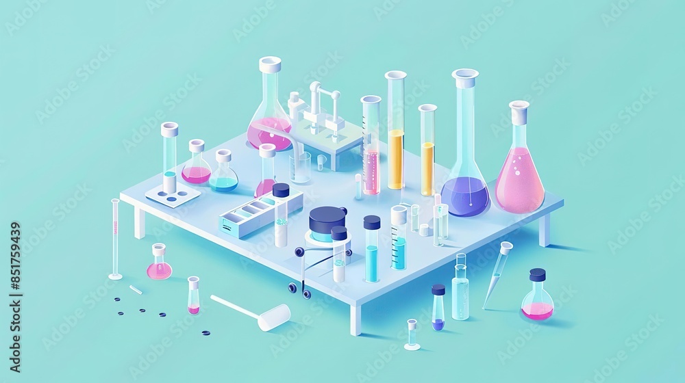 Lab Visualization Table Isometric illustration of a laboratory table with various beakers, test ...