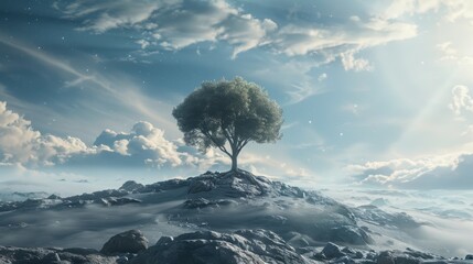 A single tree stands on rocky terrain beneath