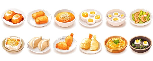 Wall Mural - asian cuisine served on white plates and bowls, featuring a variety of dishes including a yellow and white egg, a white and yellow egg, and a white bowl