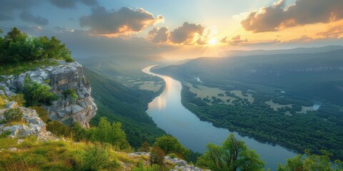 Wall Mural - Spectacular sunrise over winding river from elevated viewpoint in lush green valley with cliffs and expansive sky