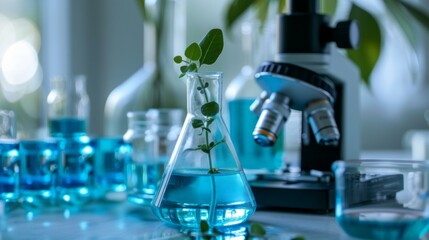 Wall Mural - plant research in laboratory setting. a lab flask with plant inside and a microscope in background. 