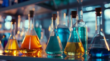 Wall Mural - colorful chemistry lab experiment with flasks. erlenmeyer flasks filled with colorful liquids in a s
