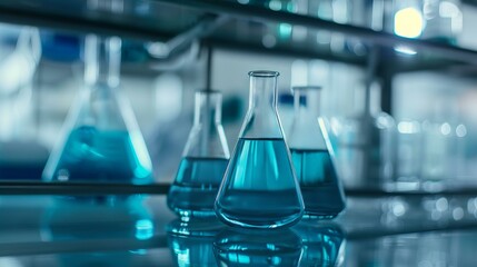 Wall Mural - blue chemical solutions in laboratory flasks. laboratory glassware filled with blue liquid solutions