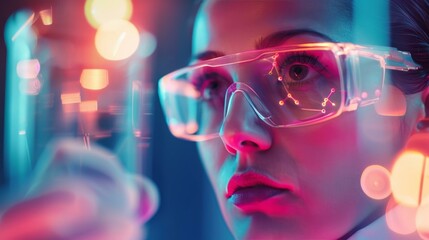 Wall Mural - scientist working with futuristic hud in laboratory. female scientist analyzing data with a futurist