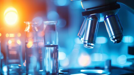 Wall Mural - microscope and test tubes in laboratory. microscope and test tubes in blue toned laboratory setting,