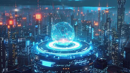 Futuristic technology concept. Abstract digital high tech city design. Modern futuristic smart city. Futuristic technology city concept. Futuristic technology background. Globe and modern city