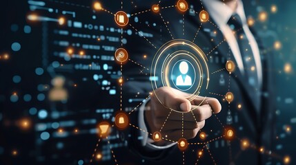 Leinwandbilder - A businessman pointing at a compliance icon with a technological business data network in the background, representing regulatory standards