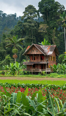 Wall Mural - Serene Wooden House in Dense Jungle Surrounded by Lush Greenery and Colorful Flowers Tranquil Escape in Nature Featuring Traditional Architecture and Tropical Rainforest Backdrop