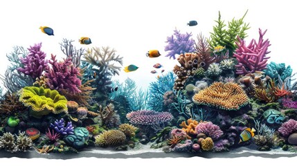 A detailed coral reef with fish on a transparent background